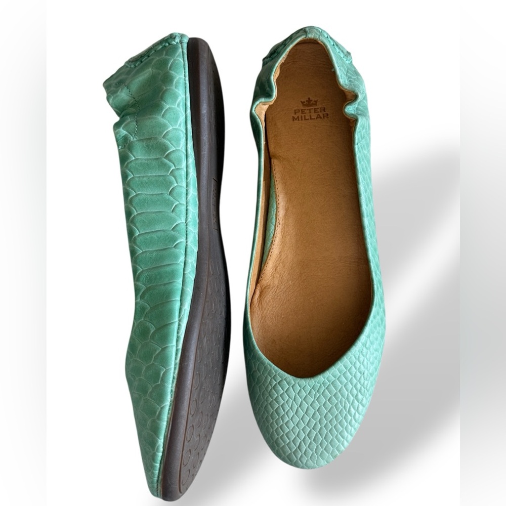 Peter Millar Women's Teal Embossed Leather Anaconda Ballet Slip On Flats 8
